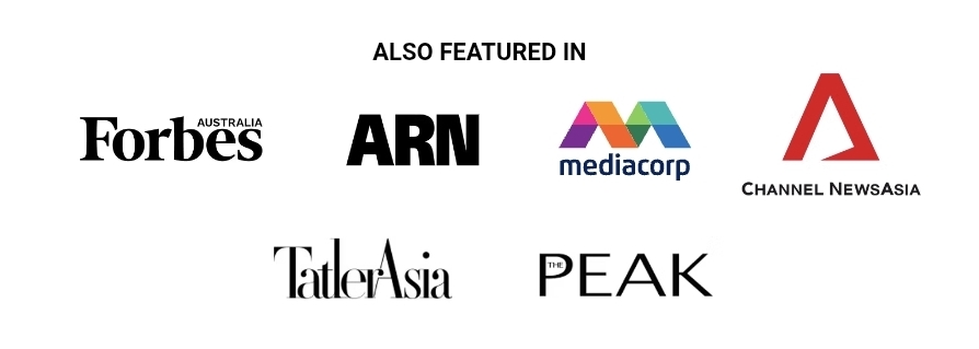 Media features including Forbes Australia, ARN Australian Reseller News, Mediacorp, Channel NewsAsia, Tatler Asia and The Peak