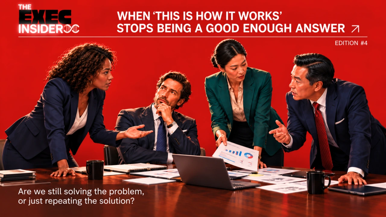 The Executive Insider, edition #4: When “This Is How It Works” Stops Being a Good Enough Answer. Original red-and-black newsletter cover.